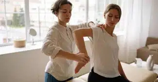 Mains d'un thérapeute effectuant un massage sportif sur l'épaule et le dos d'un athlète