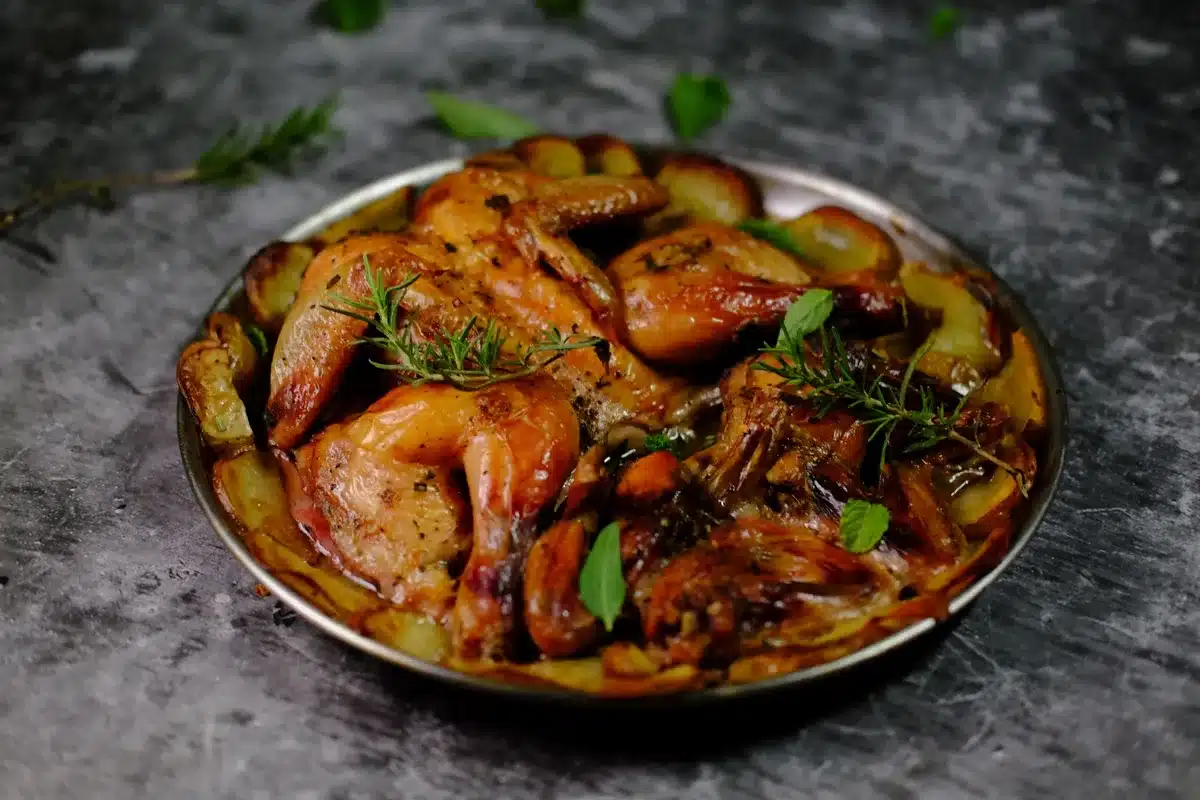 Poulet rôti garni de romarin frais et d'agrumes