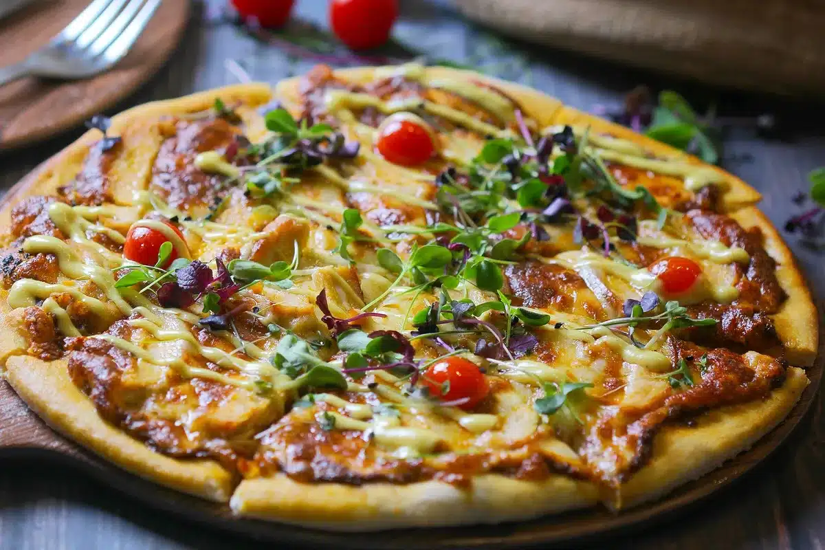 Pizza garnie avec un filet d'huile pimentée maison et herbes fraîches