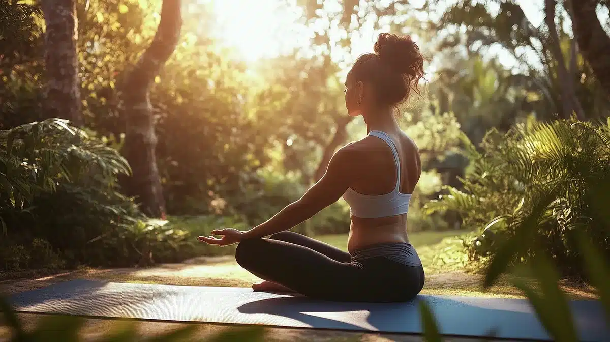 Femme qui s'étire le matin dans un environnement calme, montrant les effets relaxants d'une activité légère