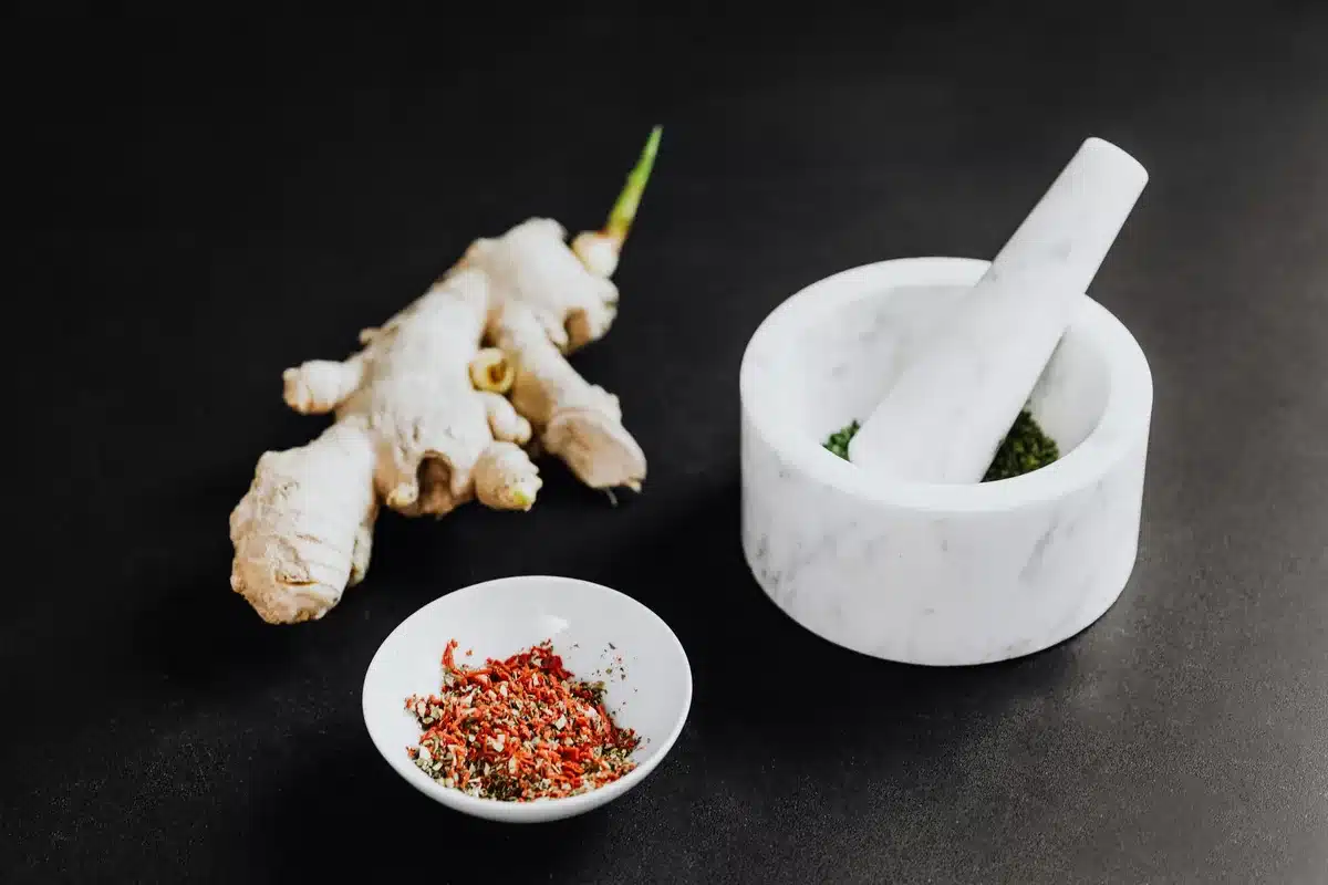Gingembre frais râpé et morceaux préparés pour l'extraction des arômes