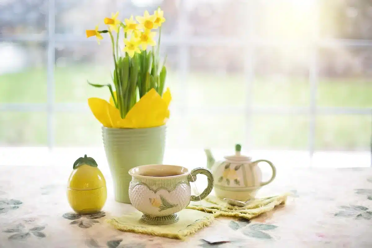 Pause d'un aidant avec une tasse de thé près d'une fenêtre lumineuse