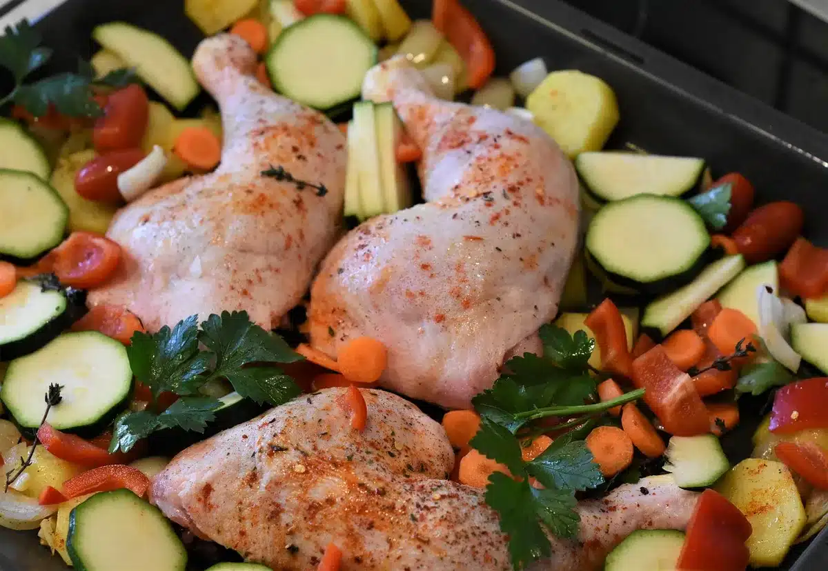 Poulet cuit au four avec légumes colorés, cuisson légère