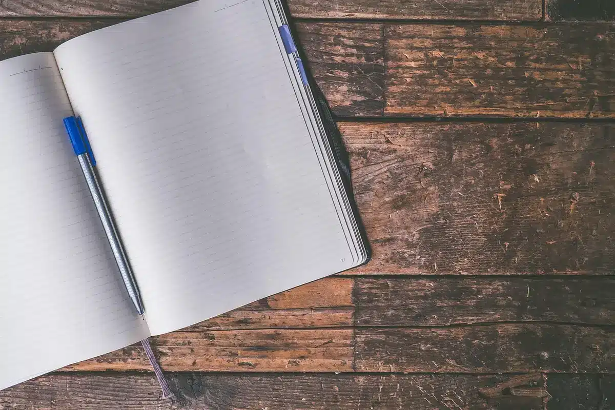 Carnet d'observations posé sur un bureau avec un stylo, lumière du jour