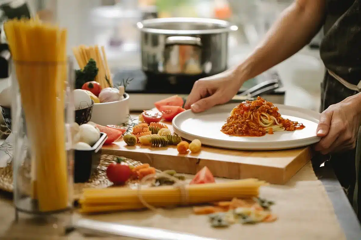 Deux mains anonymes près d'une assiette et d'un carnet sur une table de cuisine baignée de lumière