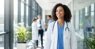 Salle d'attente de clinique en journée, dossier médical et stéthoscope sur une table