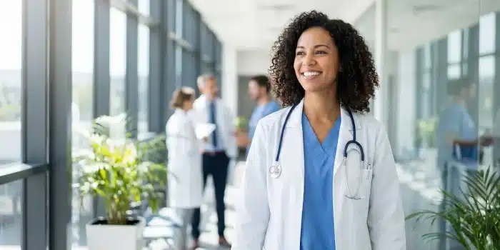 Salle d'attente de clinique en journée, dossier médical et stéthoscope sur une table