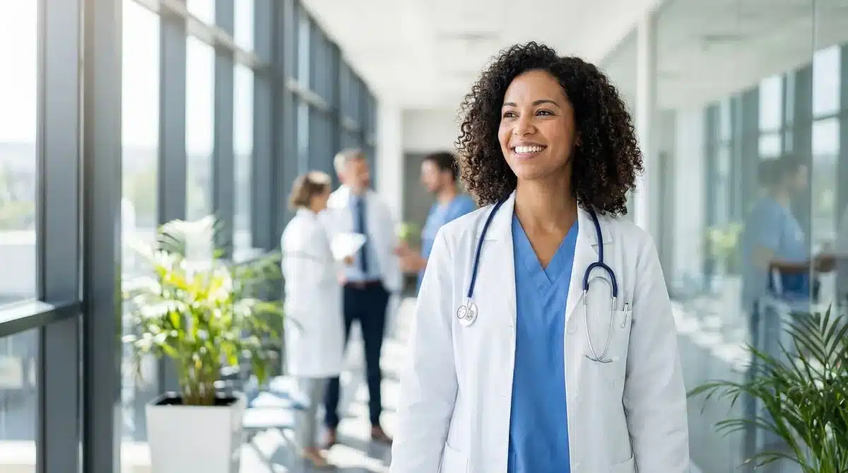 Salle d'attente de clinique en journée, dossier médical et stéthoscope sur une table