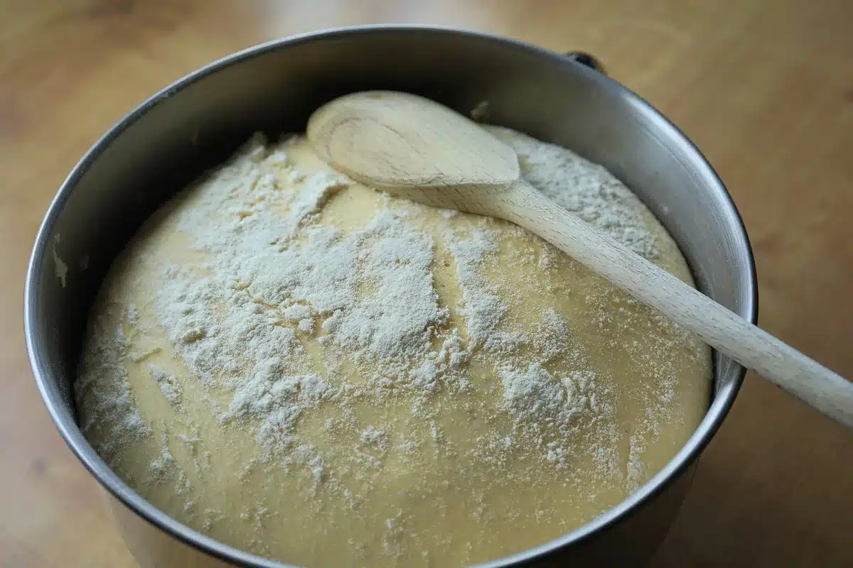 Mains de boulanger pétrissant une pâte avec farine de froment dans une cuisine lumineuse