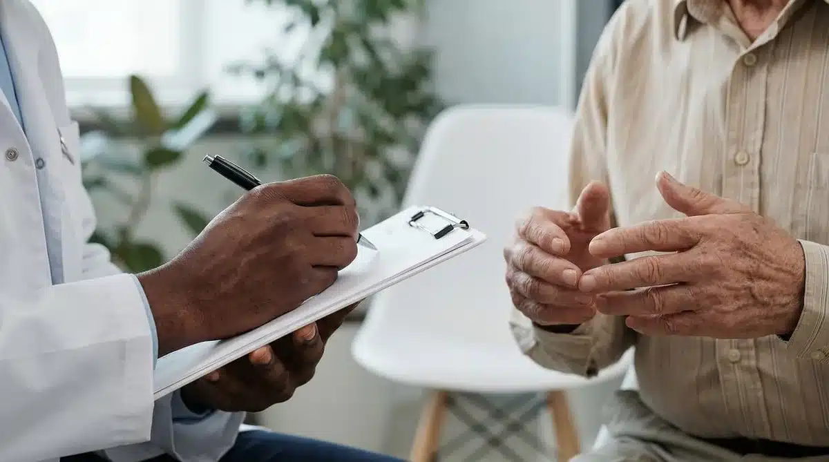 Consultation médicale avec bilan sanguin et conversation patient-médecin