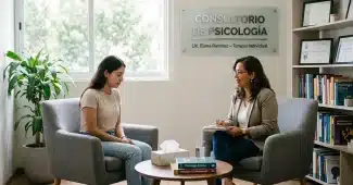 Bureau de consultation lumineux avec mains, cahiers et fiche de travail