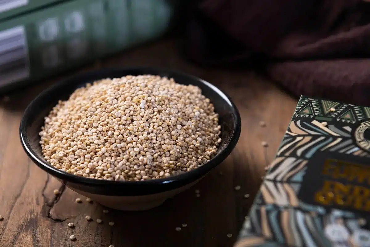 Bol de dîner simple avec quinoa, légumes croquants et dés de tofu