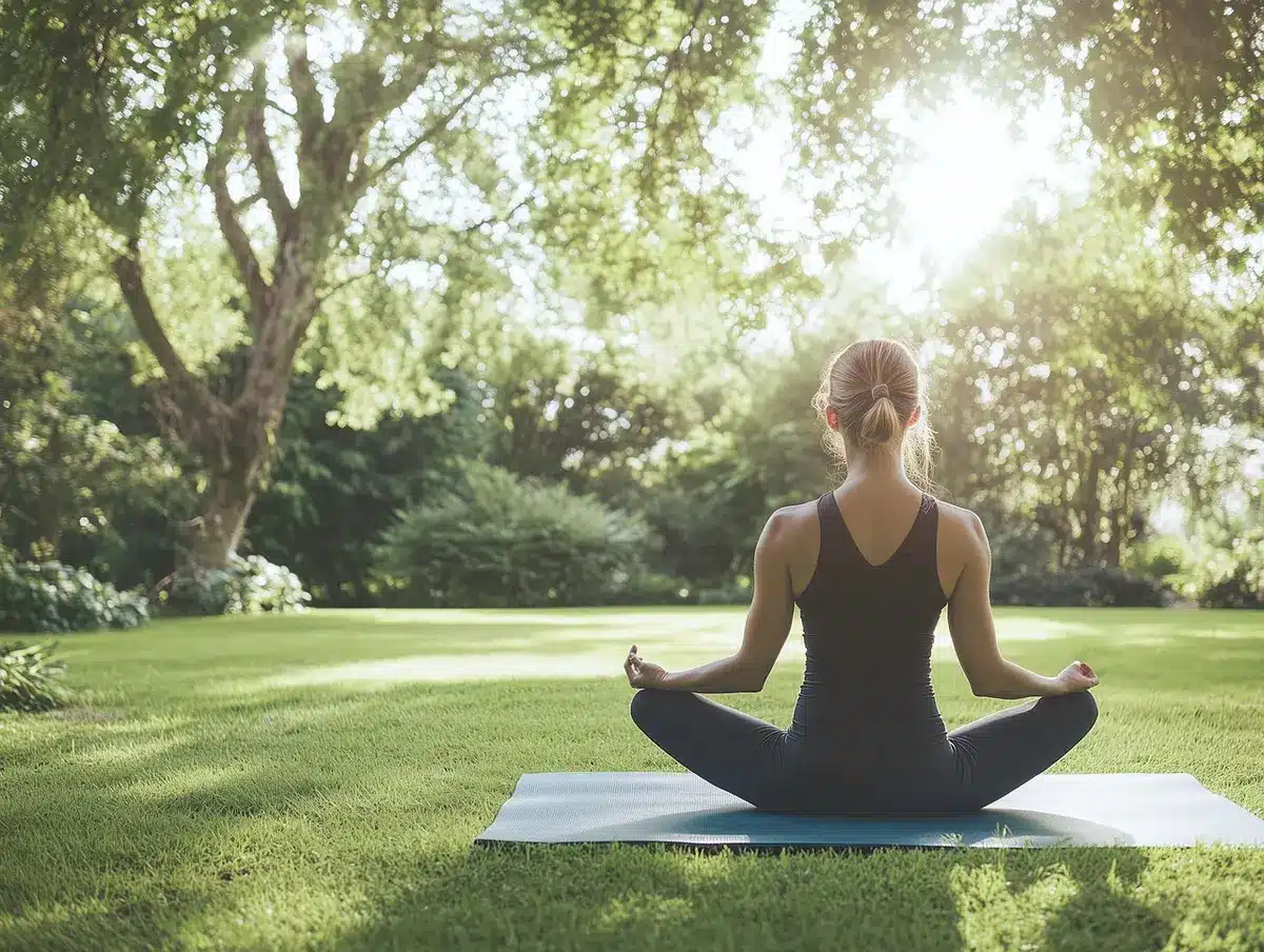 Personne pratiquant des exercices de respiration près d'une fenêtre en lumière du jour