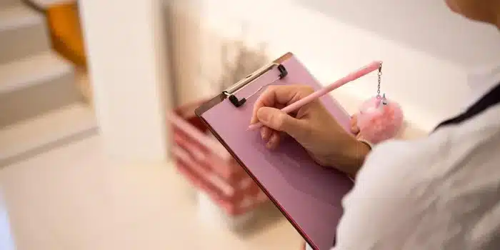 Questionnaire pédiatrique sur un clipboard posé sur un bureau en journée